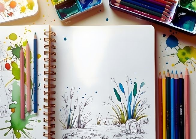 Künstlerbedarf und ein Skizzenbuch mit einer unfertigen Zeichnung von Pflanzen und Farbspritzern.